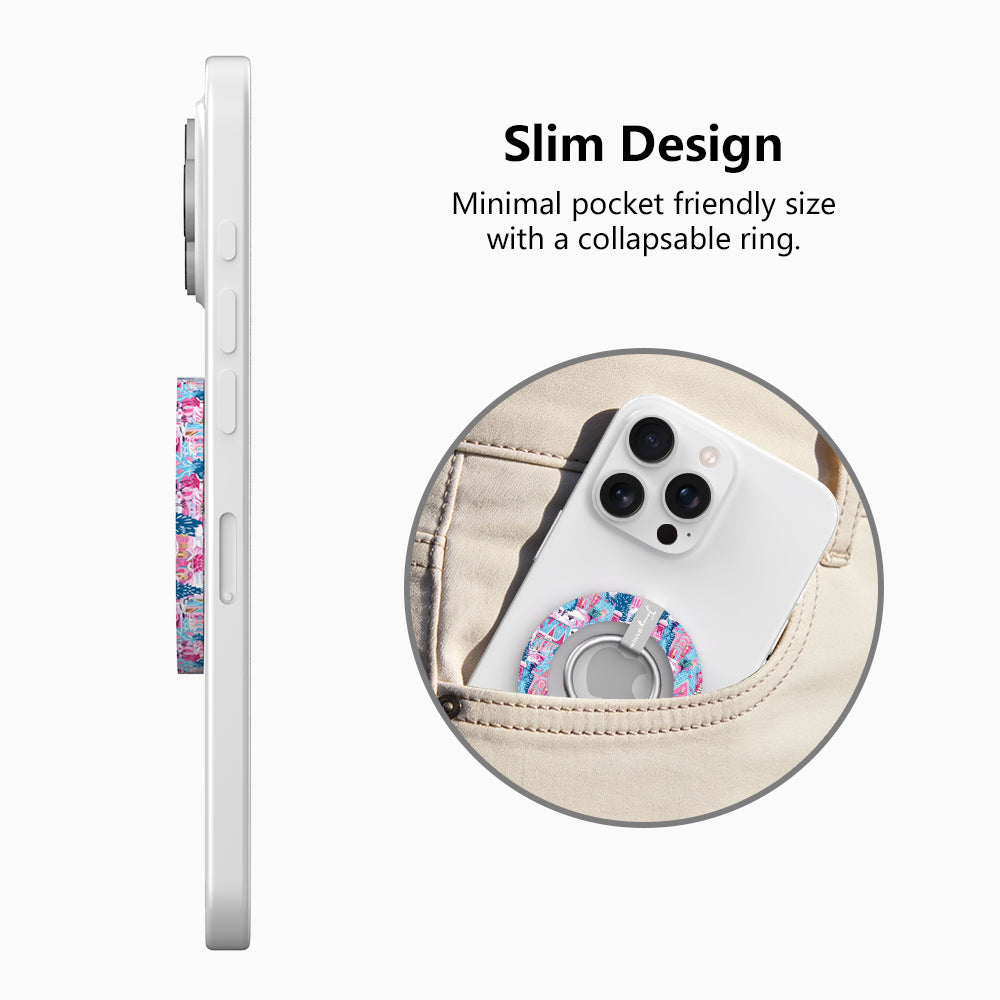 Side view of the slim Sugarplum Square grip ring with collapsible ring, and a phone with the Christmas village grip sliding into a jeans pocket