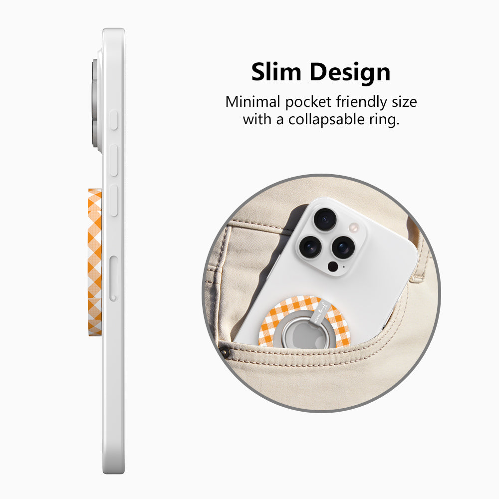 Happy Fall Y'all Hold It Fancy MagSafe grip ring with an orange gingham and pumpkin print from Fancy Bands