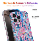 Sugarplum Square iPhone case with 1 mm raised screen edges and 1.5 mm raised camera lens edges, pink Christmas village print