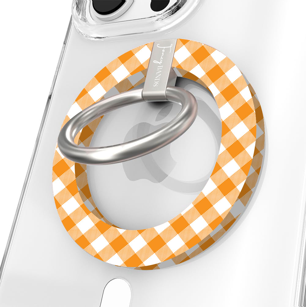 Happy Fall Y'all Hold It Fancy MagSafe grip ring with an orange gingham and pumpkin print from Fancy Bands