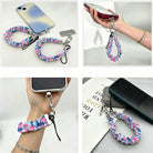 Four views of the Sugarplum Square scrunchie phone wrist strap: with its phone tab, dangling from a phone in hand, worn on the wrist, and clipped to a bag