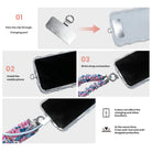3 steps to attach a Sugarplum Square scrunchie phone wrist strap: pass the tab through the charging port, fit the case, clip on the wrist strap