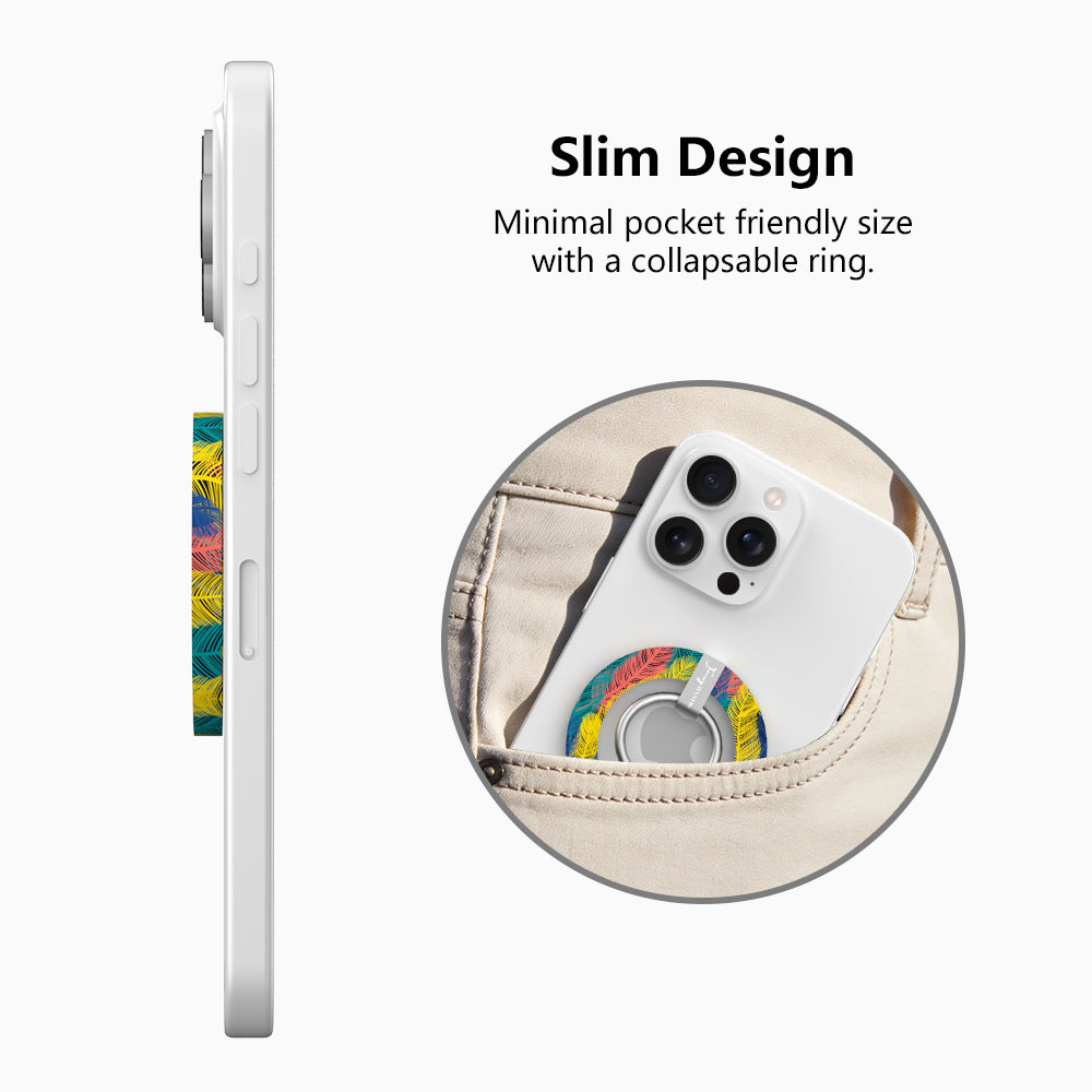 Rainbow Feather Muse pattern MagSafe phone grip ring with vibrant overlapping yellow coral and navy feathers compatible with iPhone and Samsung
