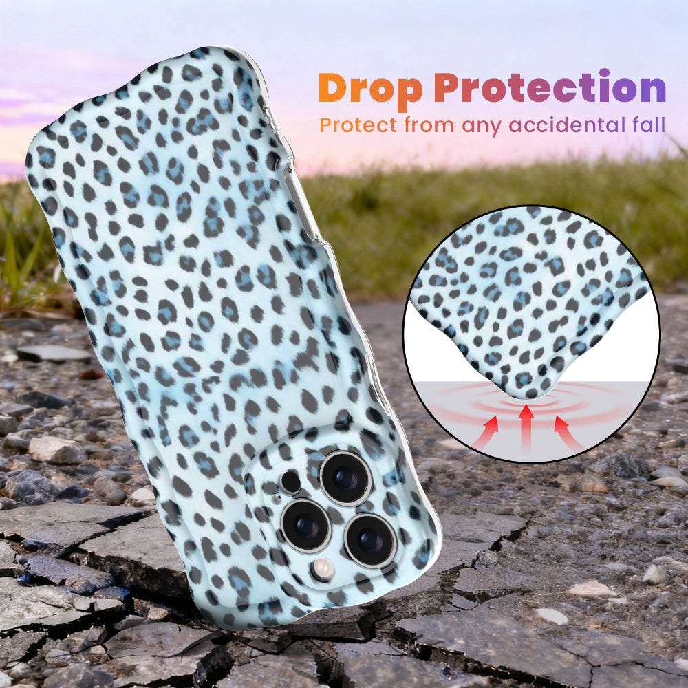 Trendy light blue wavy iPhone case featuring a high-contrast leopard print in dark blue and sapphire with a high-gloss finish.