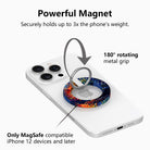 The Wishing Tree mystical fantasy MagSafe phone grip ring with vibrant orange and blue swirling filigree branches on a dark background compatible with iPhone and Samsung