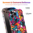 Trendy wavy iPhone case featuring a vibrant street-art collage of electric blue and yellow butterflies over neon pink paint splatters with a high-gloss finish.