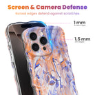 Trendy wavy iPhone case featuring an abstract watercolor pattern of orange and periwinkle flowers with a high-gloss finish.