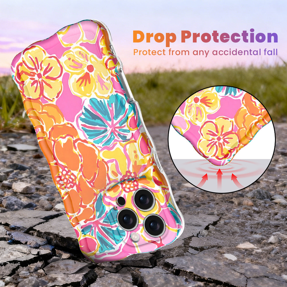 Trendy wavy iPhone case featuring a vibrant pink, orange, and teal hibiscus flower pattern with a high-gloss finish.