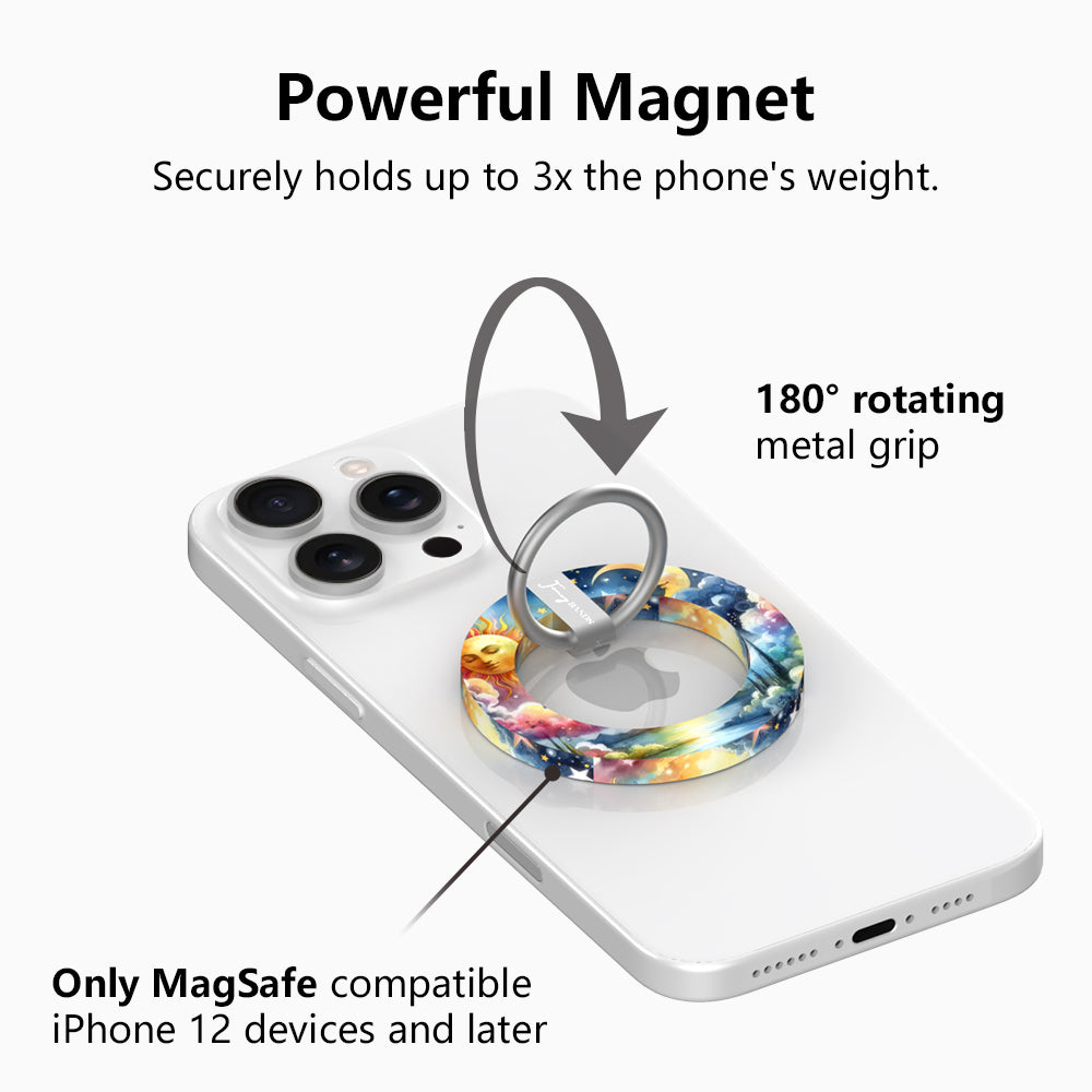 Cosmic Daydream celestial MagSafe phone grip ring with watercolor illustration of a personified sun, crescent moon, and stars in a dreamlike landscape compatible with iPhone and Samsung