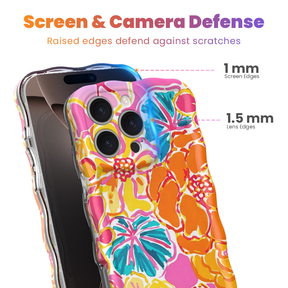 Trendy wavy iPhone case featuring a vibrant pink, orange, and teal hibiscus flower pattern with a high-gloss finish.