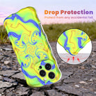 Trendy wavy iPhone case featuring an electric neon yellow and blue liquid swirl psychedelic pattern with a high-gloss finish.