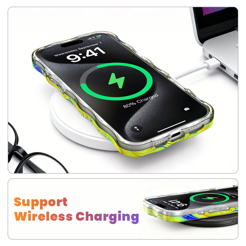 Trendy wavy iPhone case featuring an electric neon yellow and blue liquid swirl psychedelic pattern with a high-gloss finish.