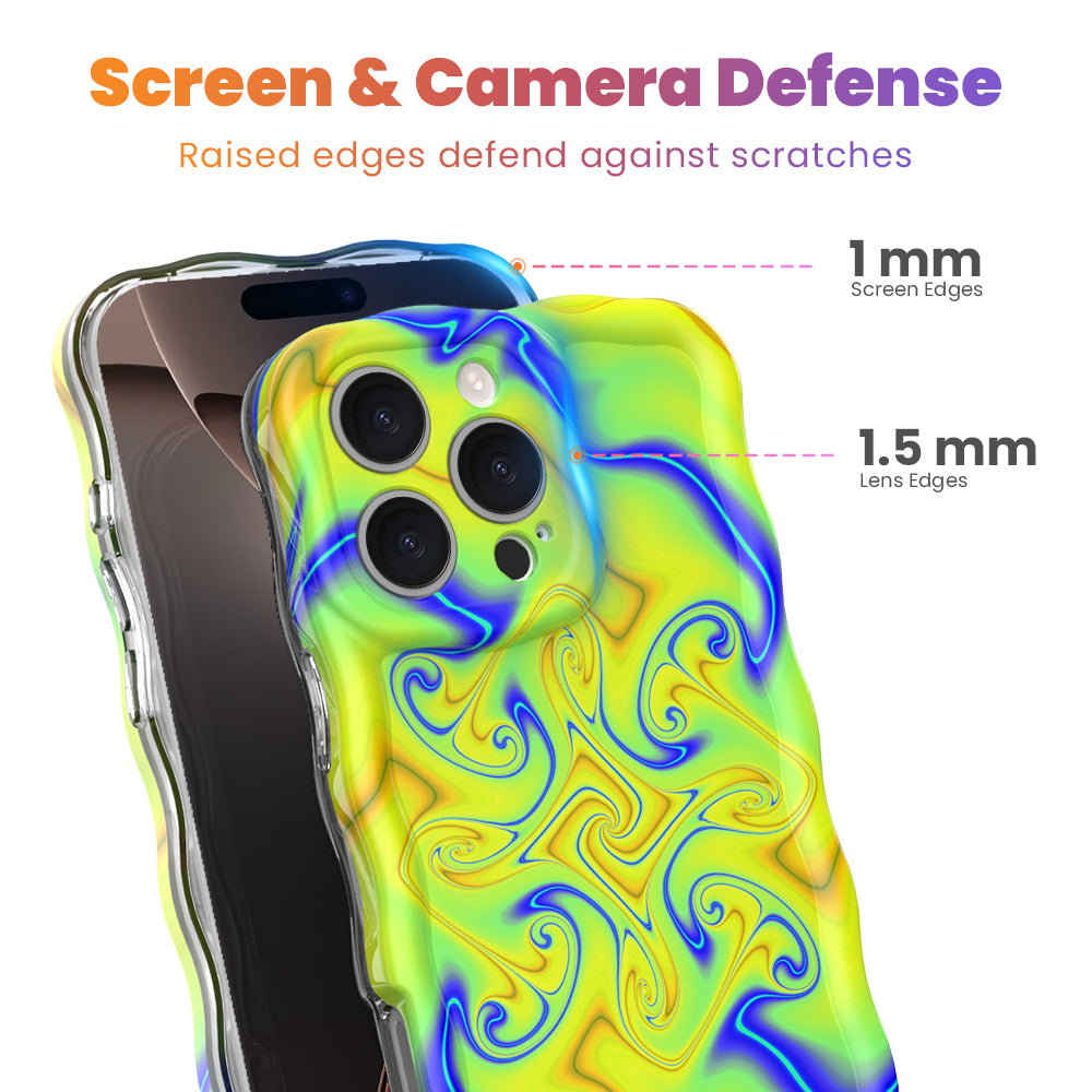 Trendy wavy iPhone case featuring an electric neon yellow and blue liquid swirl psychedelic pattern with a high-gloss finish.
