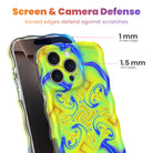 Trendy wavy iPhone case featuring an electric neon yellow and blue liquid swirl psychedelic pattern with a high-gloss finish.