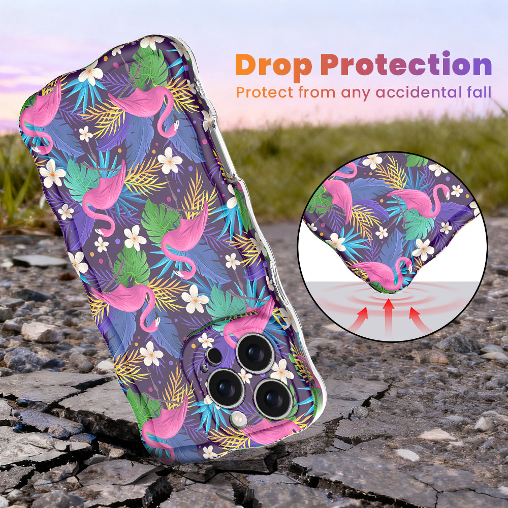 It's Giving Flamingo tropical pattern MagSafe phone grip ring with pink flamingos and colorful exotic leaves on a dark background compatible with iPhone and Samsung