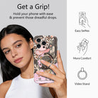 Yee Haw Honey retro Western MagSafe phone grip ring with a cowgirl on a horse, pink cowboy hat, desert cacti, glittery stars, and animal print on a brown and pink background compatible with iPhone and Samsung