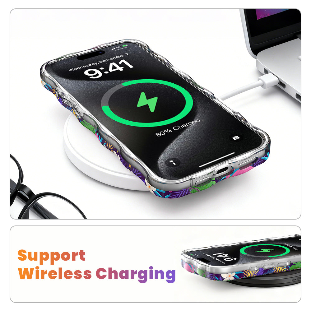 It's Giving Flamingo tropical pattern MagSafe phone grip ring with pink flamingos and colorful exotic leaves on a dark background compatible with iPhone and Samsung