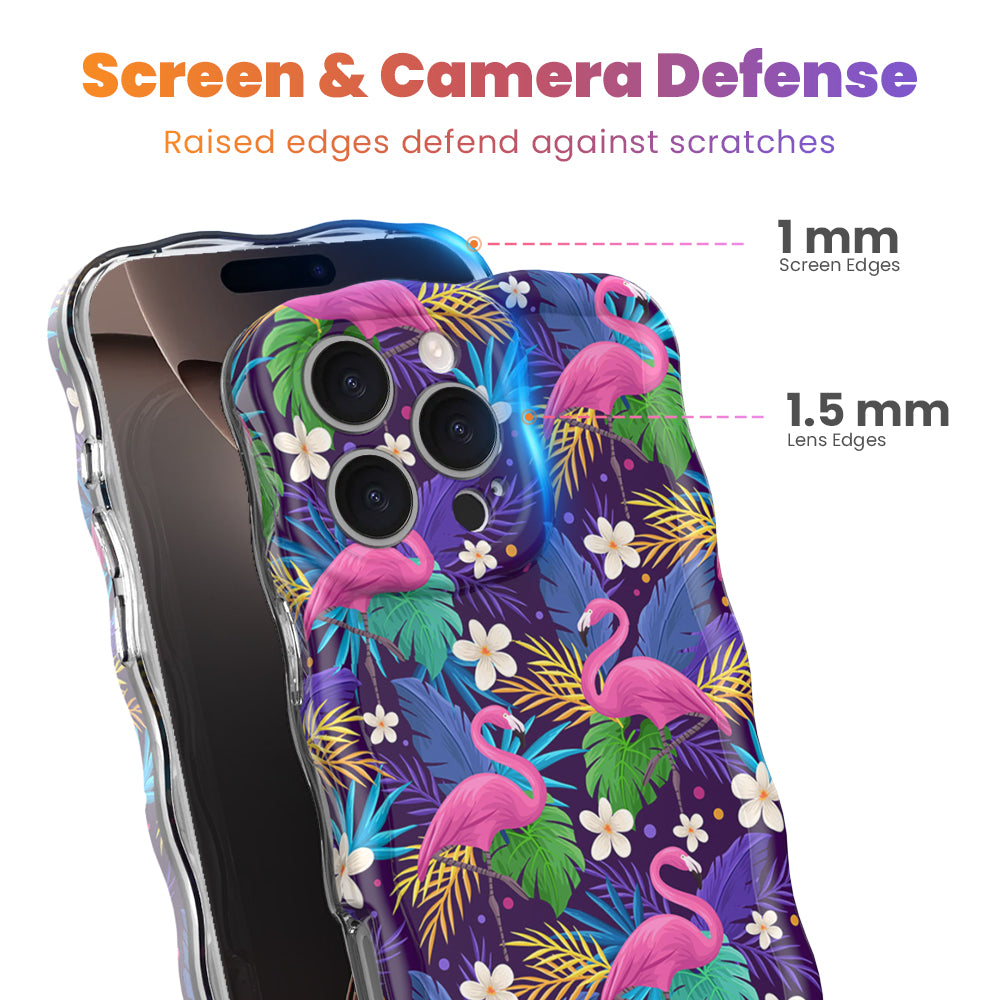 Trendy wavy iPhone case featuring vibrant pink flamingos, emerald palm fronds, and white flowers on a dark purple background with a high-gloss finish.