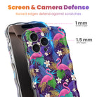 Trendy wavy iPhone case featuring vibrant pink flamingos, emerald palm fronds, and white flowers on a dark purple background with a high-gloss finish.