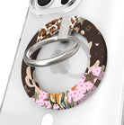Yee Haw Honey retro Western MagSafe phone grip ring with a cowgirl on a horse, pink cowboy hat, desert cacti, glittery stars, and animal print on a brown and pink background compatible with iPhone and Samsung