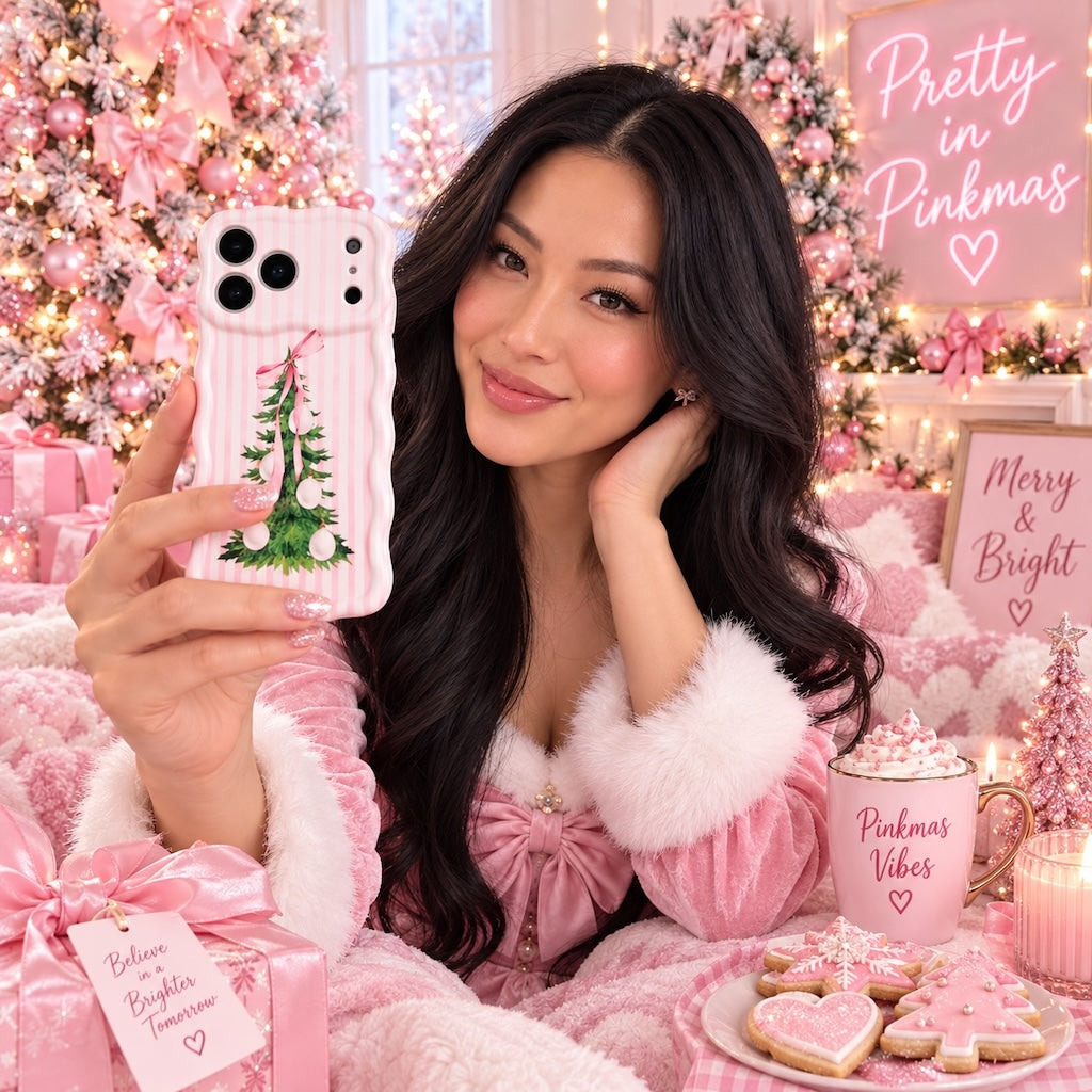 Smiling woman in a pink fur-trimmed outfit holding her Pretty in PinkMas iPhone case under a Pretty in Pinkmas neon sign with pink cookies