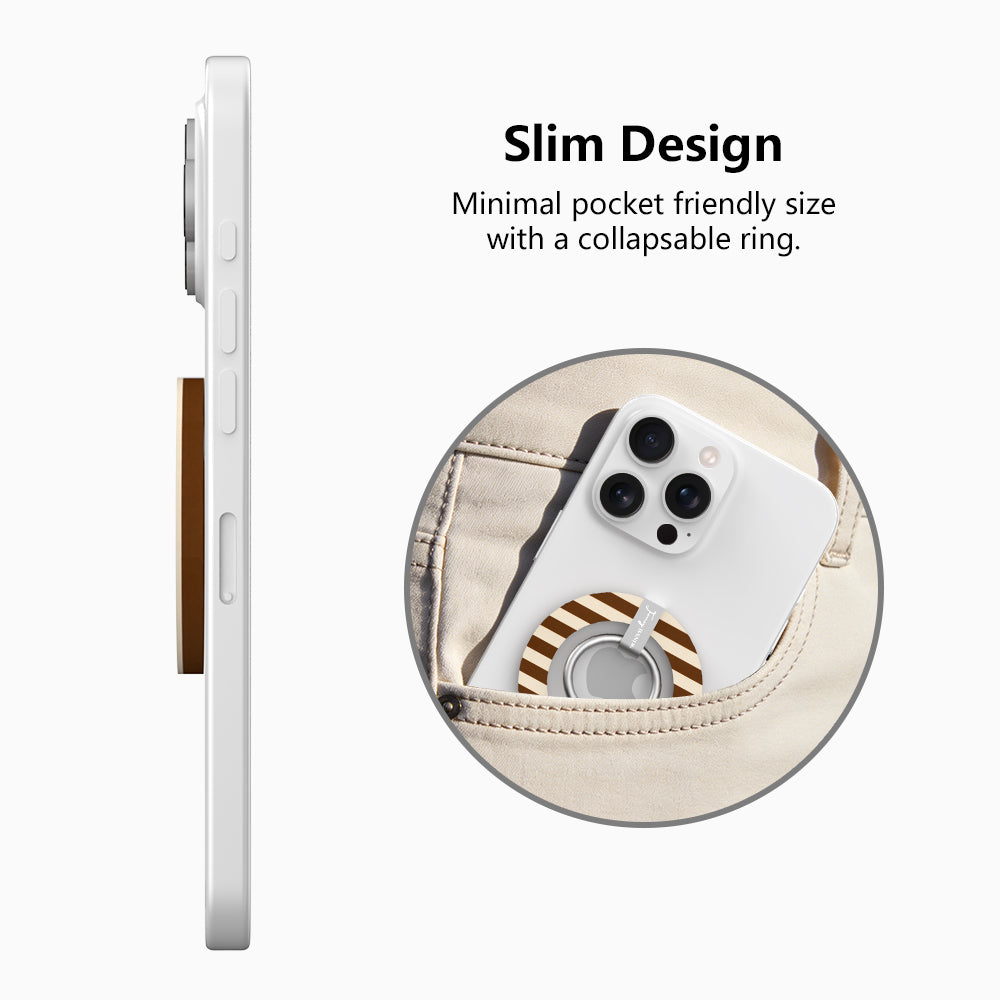 Sweet Espresso Stripes Hold It Fancy MagSafe grip ring with a brown and cream striped print from Fancy Bands