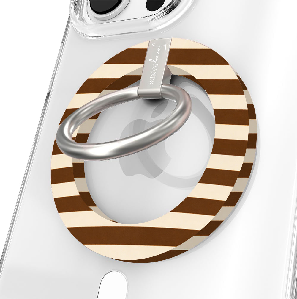 Sweet Espresso Stripes Hold It Fancy MagSafe grip ring with a brown and cream striped print from Fancy Bands