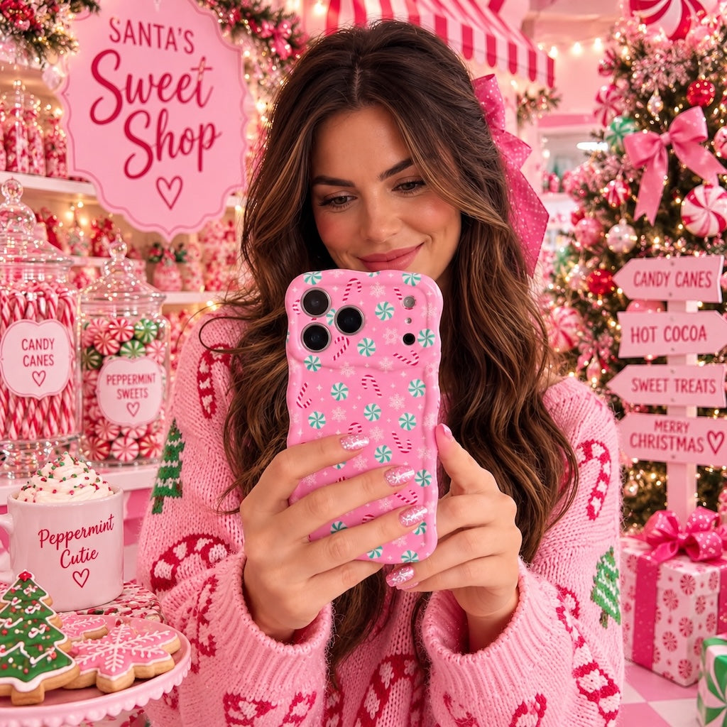 Woman in a pink sweater taking a mirror selfie with her Peppermint Cutie iPhone case in Santa's Sweet Shop