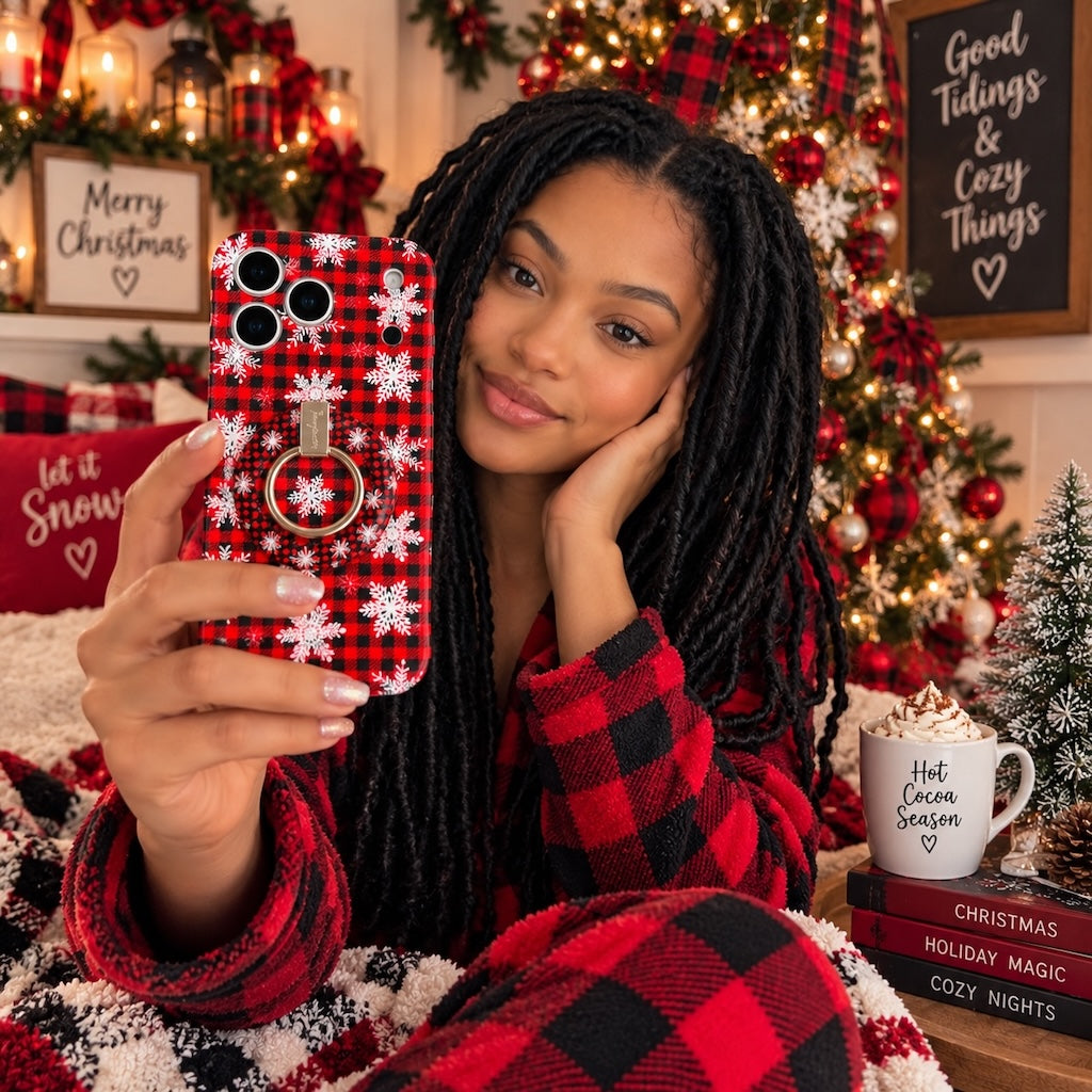 Woman with long braids in red plaid showing her Buffalo Plaid Snowflake iPhone case with matching grip ring in a cozy Christmas living room