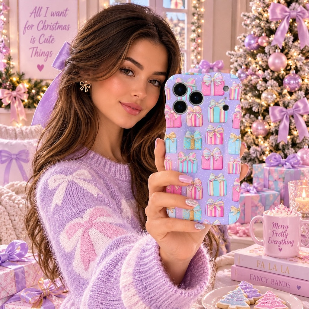 Woman in a lilac bow sweater showing the No Peeking, Darling iPhone case in front of a pink and lavender decorated Christmas tree