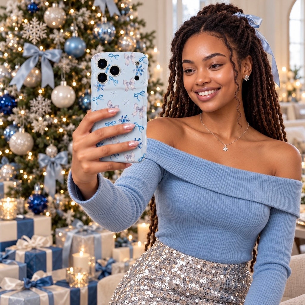Woman in a blue off-shoulder sweater and silver sequin skirt taking a selfie with the Snow Pretty In Blue iPhone case by a blue and silver Christmas tree