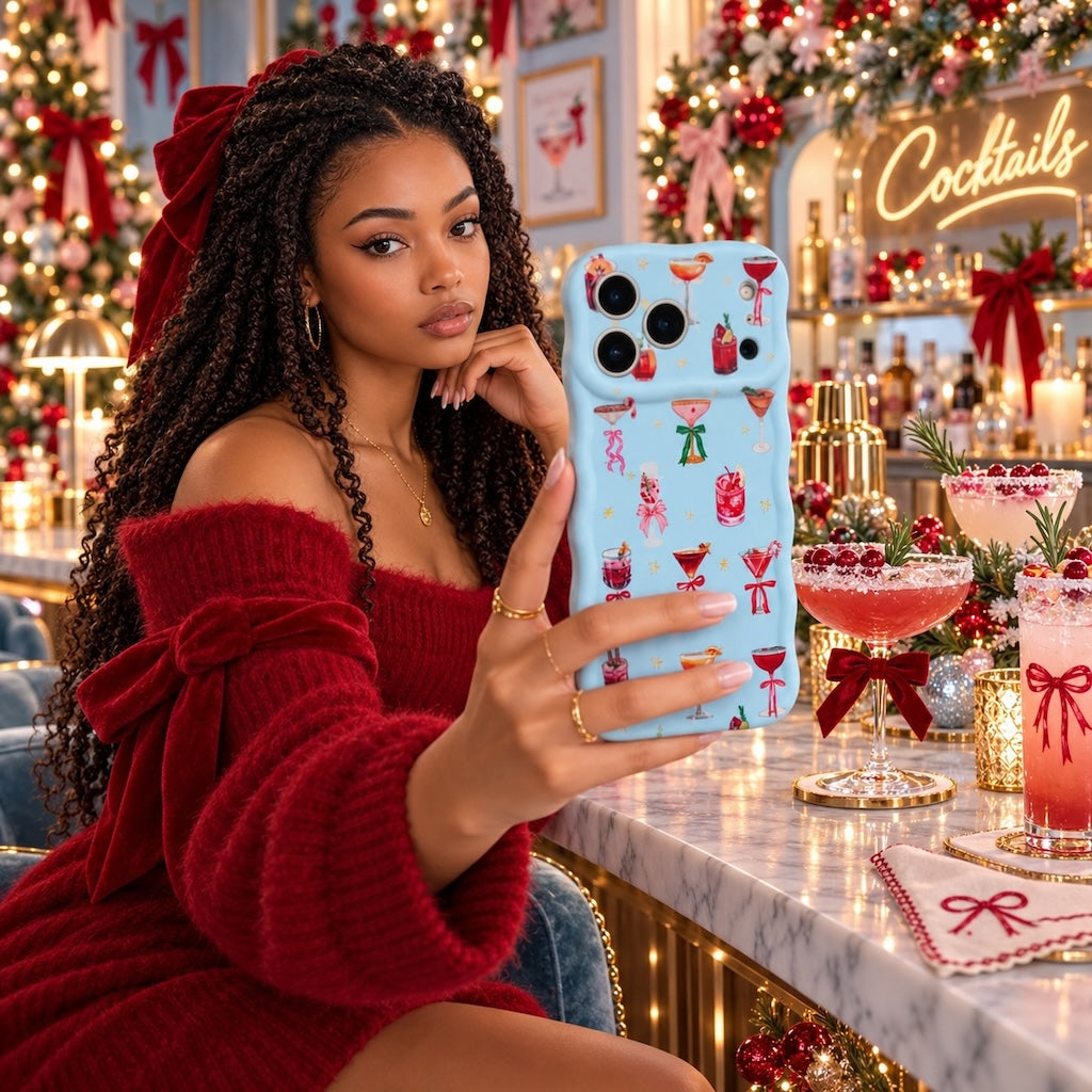 Woman in a red off-shoulder knit sweater holding the Holiday Spirits, Please? iPhone case at a decorated cocktail bar