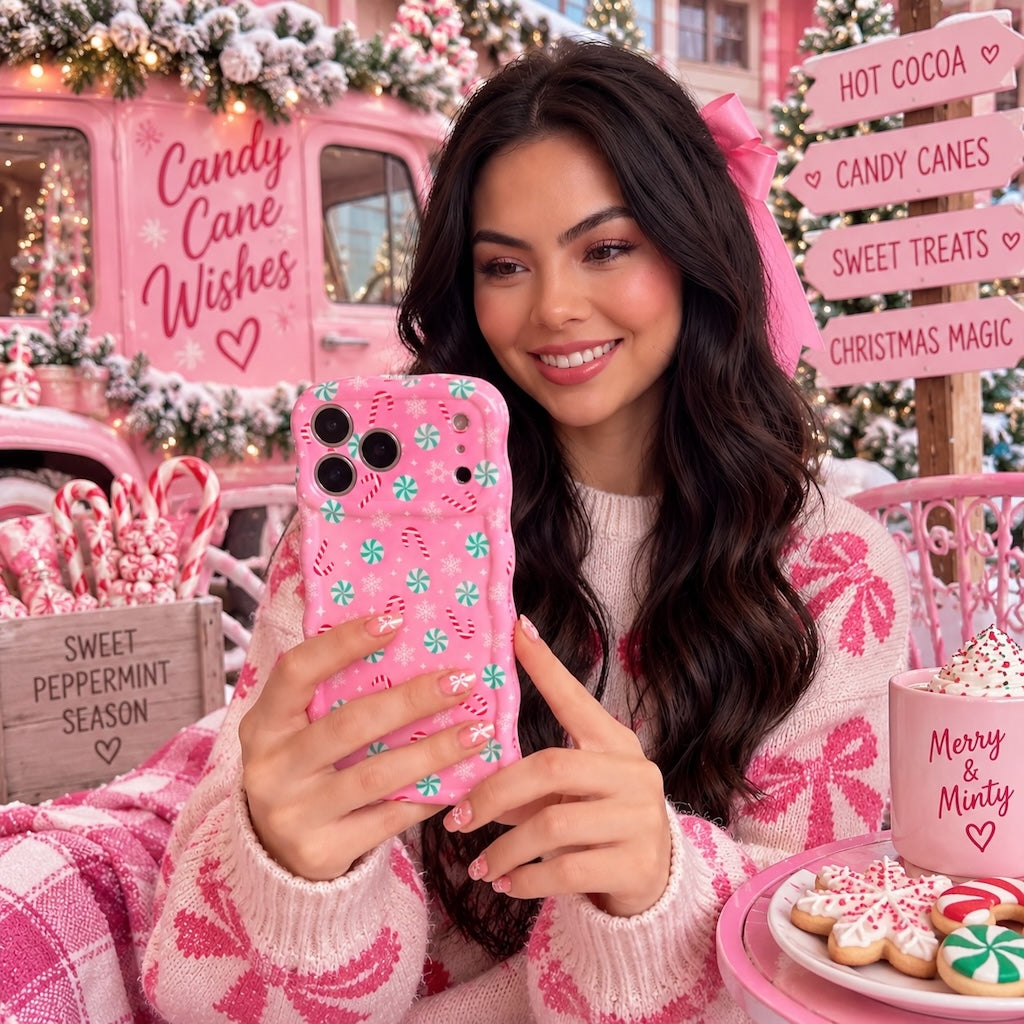 Woman in a pink sweater taking a selfie with her Peppermint Cutie iPhone case beside a Candy Cane Wishes sign and peppermint cookies