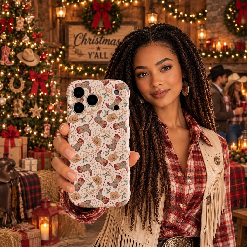 Woman in a red plaid shirt and suede fringe vest showing the Boot Scootin' Christmas iPhone case in a barn decorated for Christmas