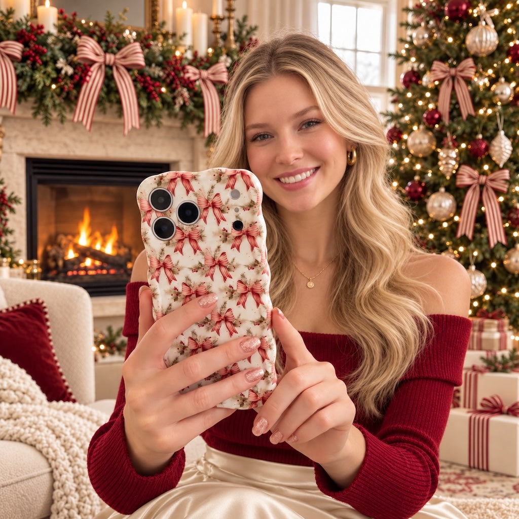 Woman in a red off-shoulder top holding the Deck Yourself in Bows & Holly iPhone case in front of a fireplace and Christmas tree