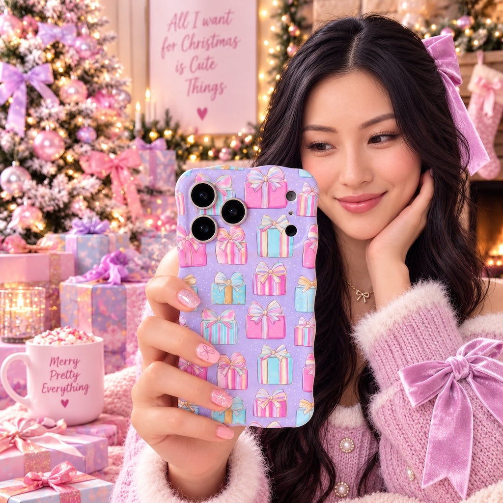 Woman in a pink bow cardigan taking a selfie with the No Peeking, Darling pastel present iPhone case in a pink Christmas living room