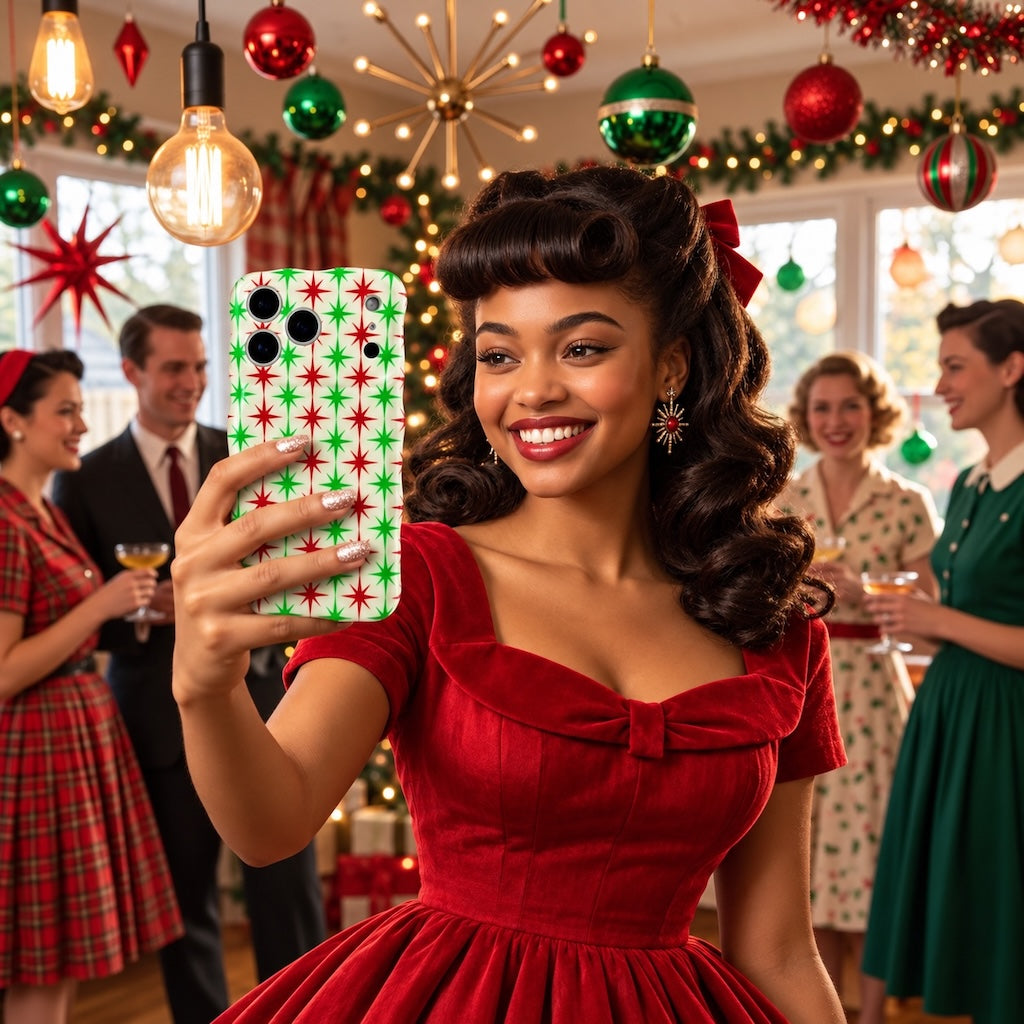Woman in a red velvet dress taking a selfie with the Tinsel & Stardust iPhone case at a vintage holiday party with starburst decorations