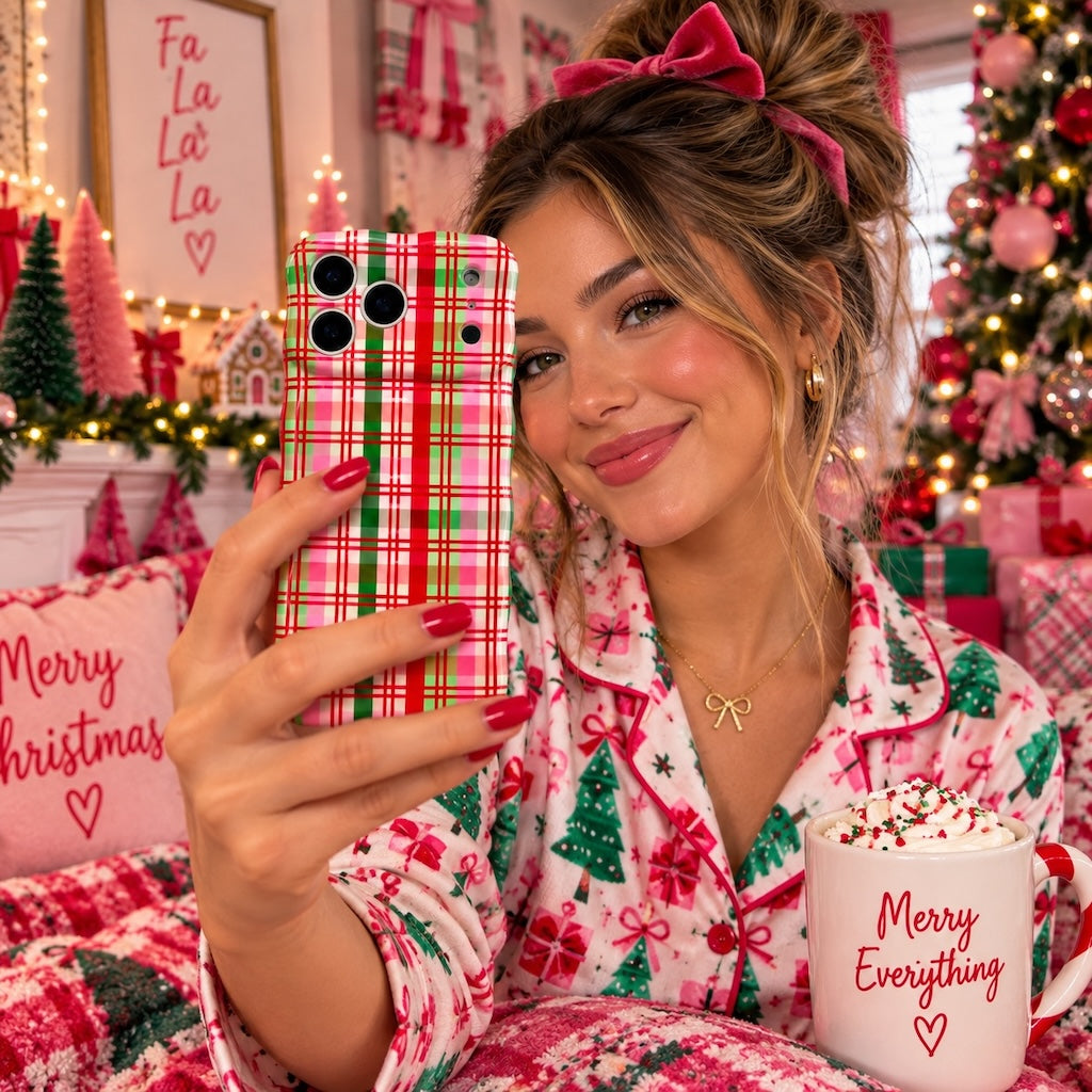 Woman in pink Christmas pajamas with a red velvet hair bow holding her Merry Little Plaid iPhone case beside a Merry Everything mug