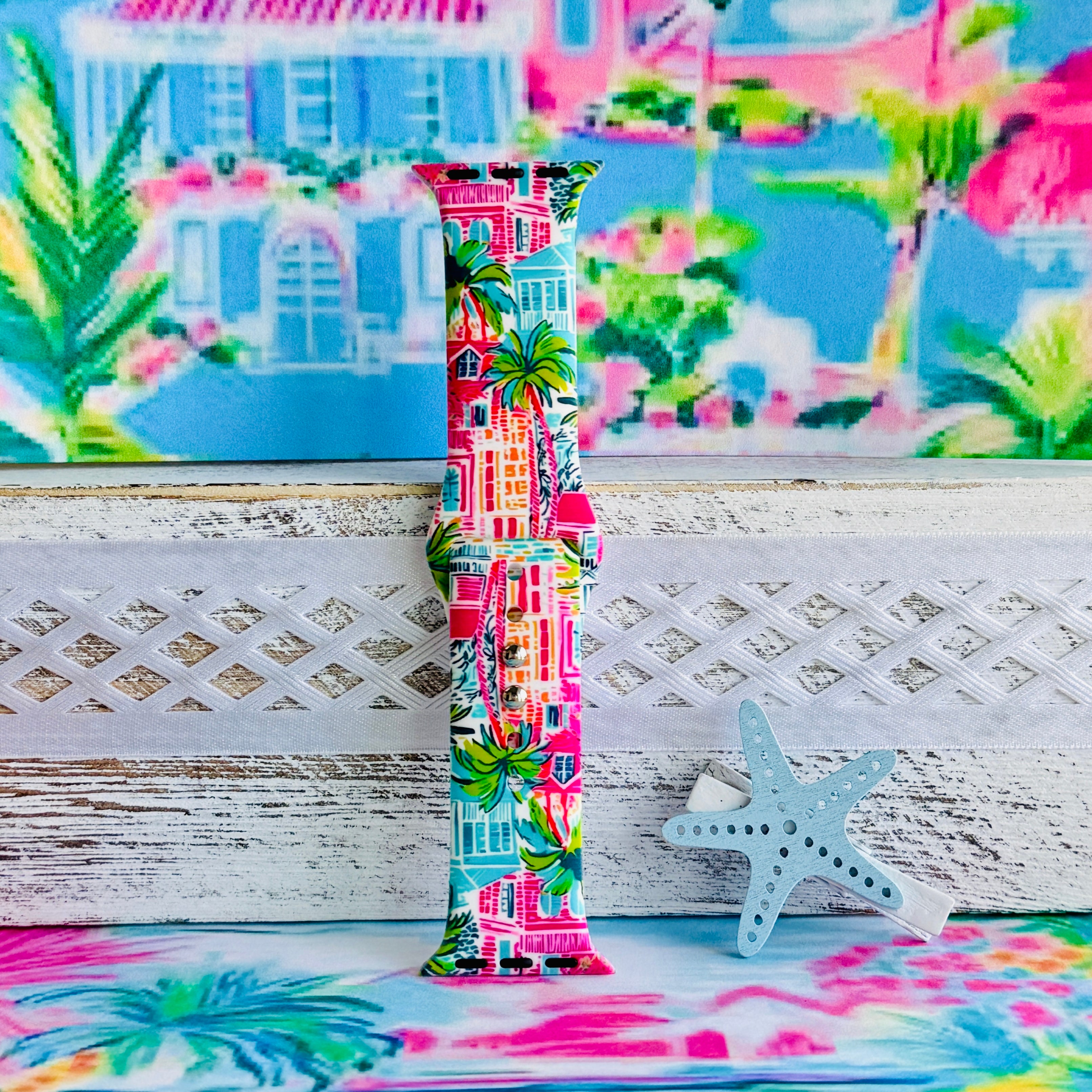 La Palma Villa Apple Watch band with colorful beach houses and palm trees in pink, blue, and turquoise with tropical backdrop
