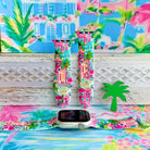 La Palma Villa Apple Watch band with colorful beach houses and palm trees in pink, blue, and turquoise with tropical backdrop