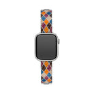 Mosaic Glow stainless steel Apple Watch band with multicolor glitter mosaic inlay in blue, pink, orange, and gold