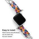 Mosaic Glow stainless steel Apple Watch band with multicolor glitter mosaic inlay in blue, pink, orange, and gold