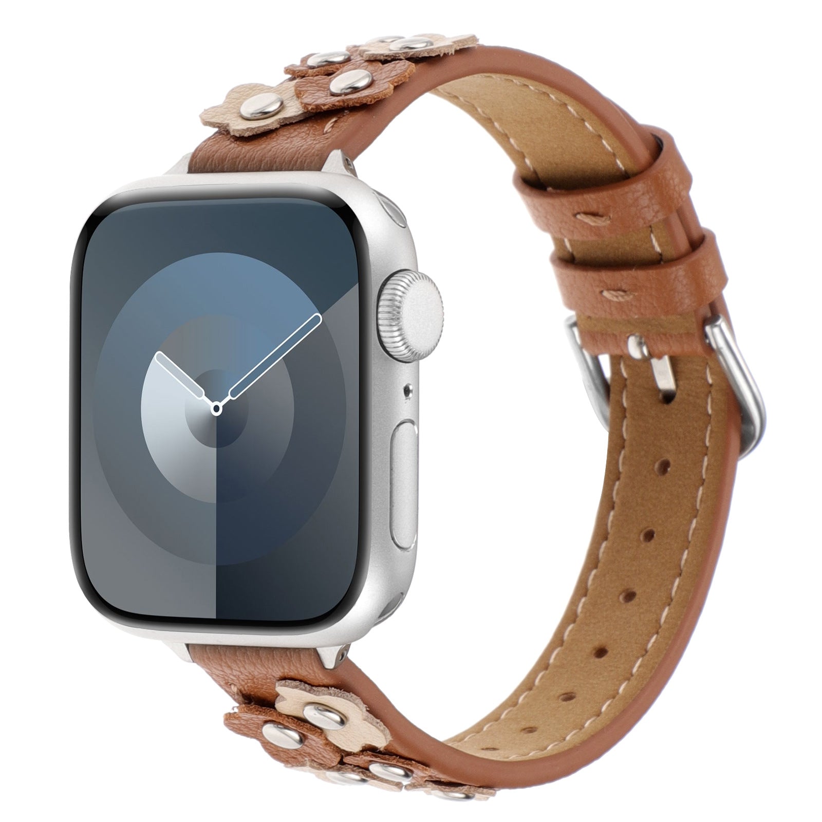 Sweet Saddle slim leather Apple Watch band in saddle tan with floral leather appliqués and silver studs