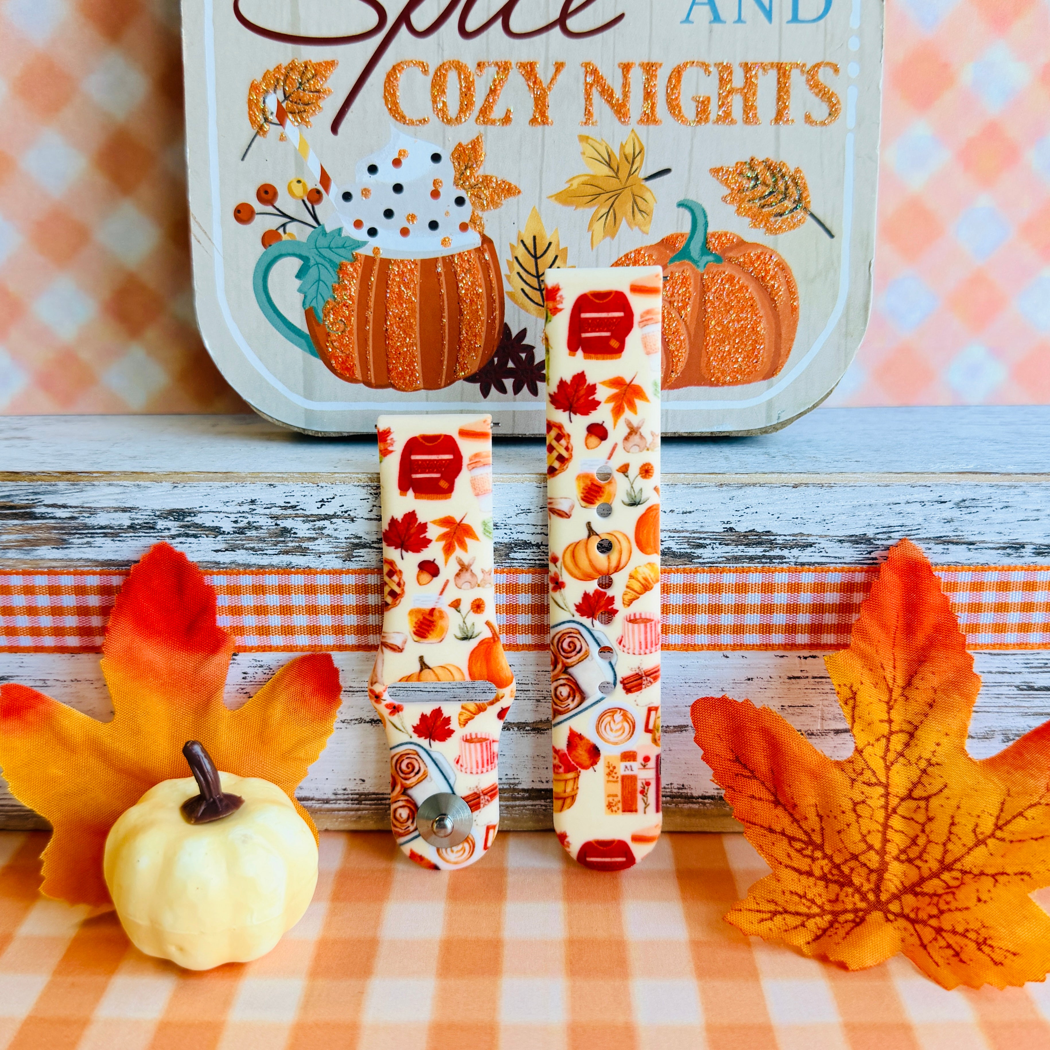 All The Fall Things Samsung Galaxy Watch band with both strap halves side by side on orange gingham ribbon, showing the full cream and autumn watercolor print.