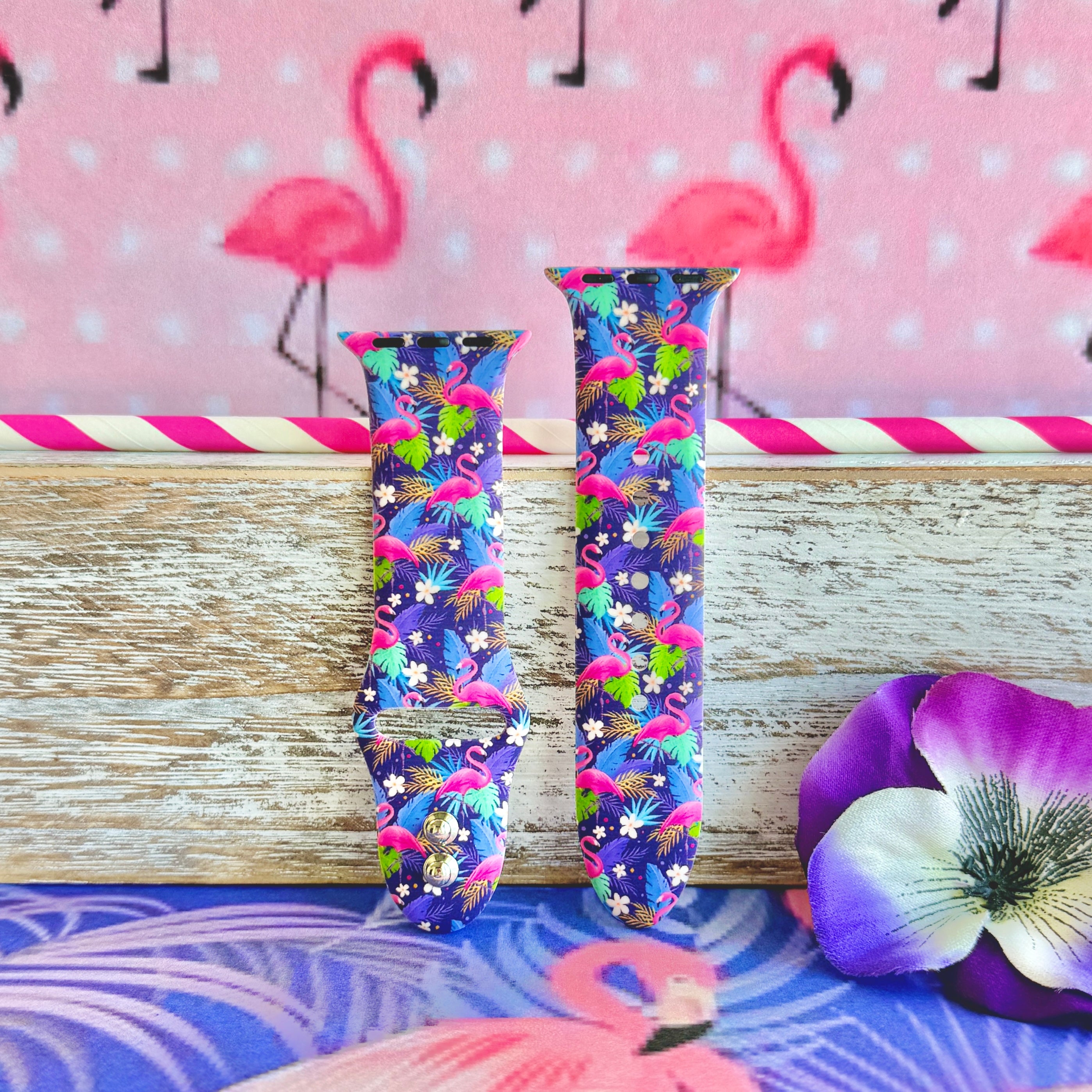 It's Giving Flamingo Apple Watch band with pink flamingos and tropical palm leaves on blue background with flamingo decorations
