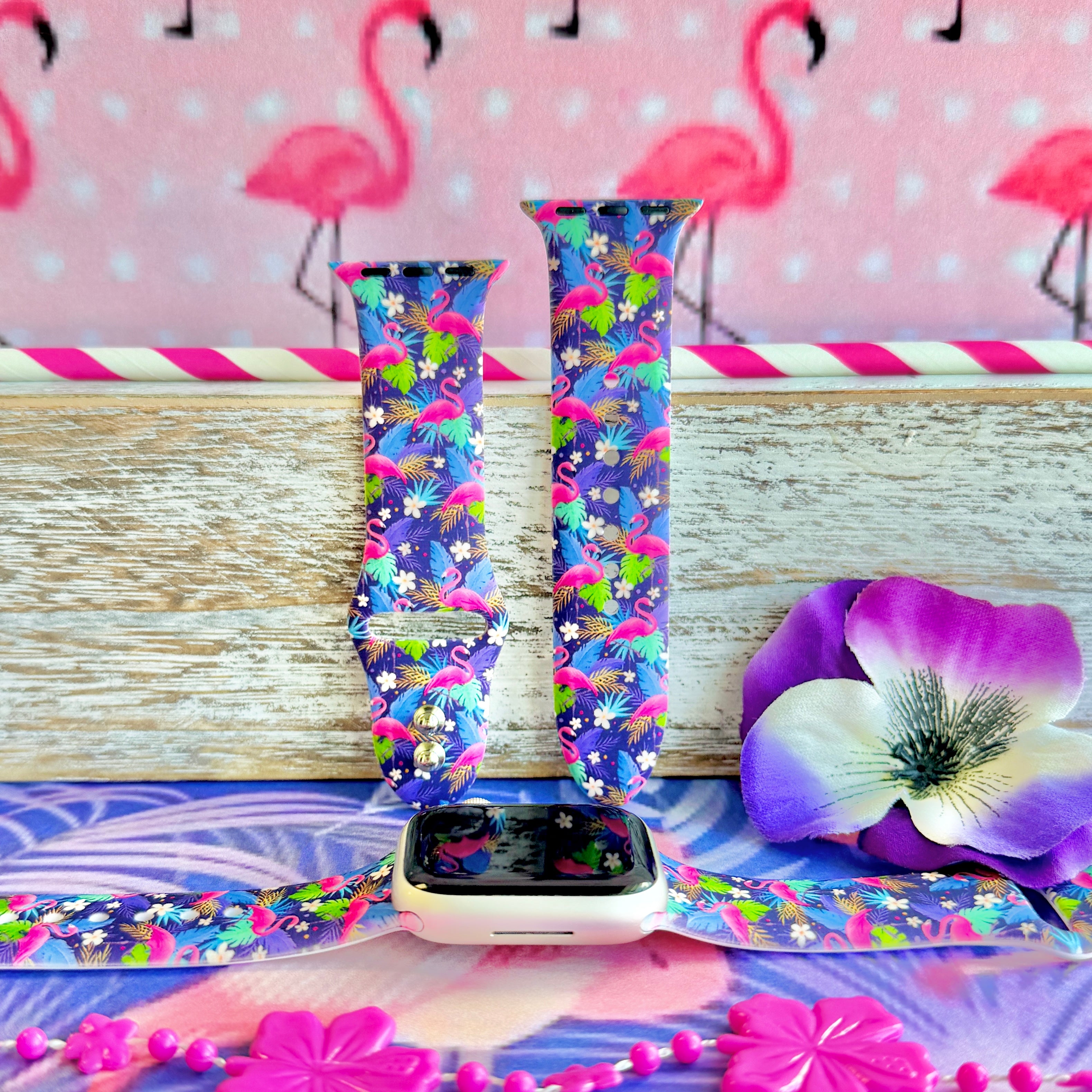 It's Giving Flamingo Apple Watch band with pink flamingos and tropical palm leaves on blue background with flamingo decorations
