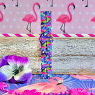 It's Giving Flamingo Samsung Watch band with pink flamingos and tropical palm leaves on blue background with flamingo decorations