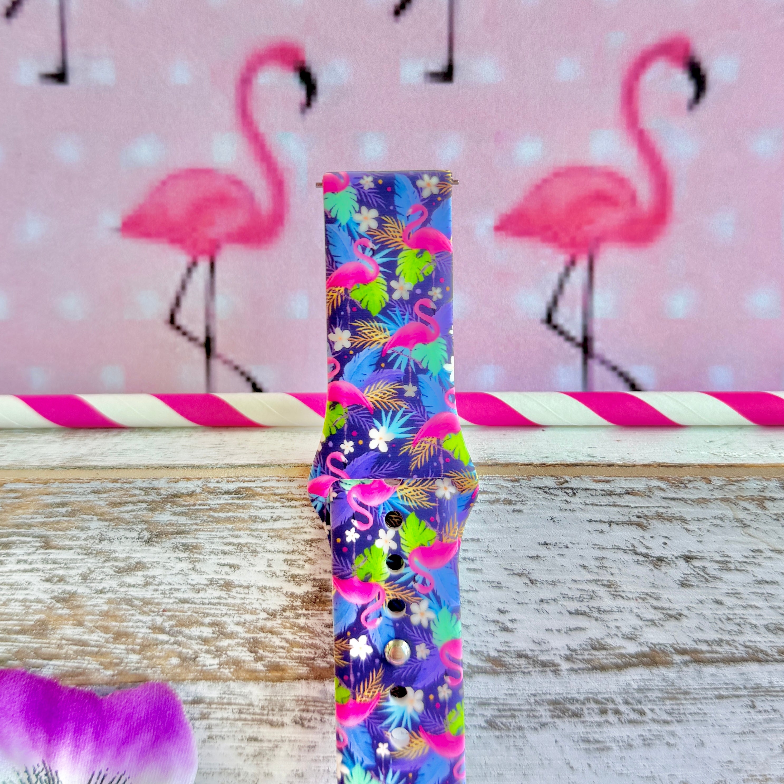 It's Giving Flamingo Samsung Watch band with pink flamingos and tropical palm leaves on blue background with flamingo decorations