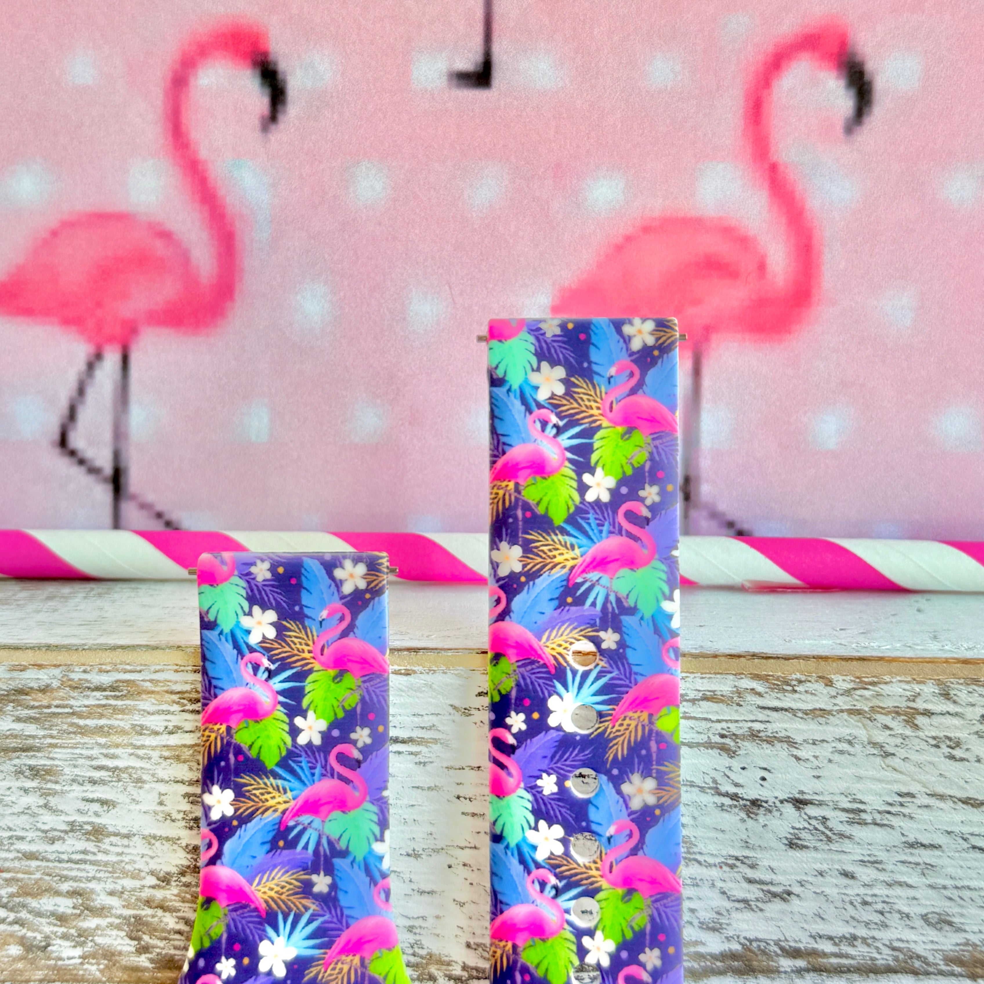 It's Giving Flamingo Samsung Watch band with pink flamingos and tropical palm leaves on blue background with flamingo decorations