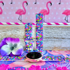 It's Giving Flamingo Samsung Watch band with pink flamingos and tropical palm leaves on blue background with flamingo decorations
